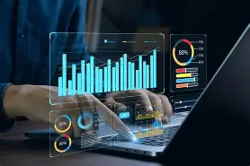 image of a business owner using laptop with AI marketing dashboard